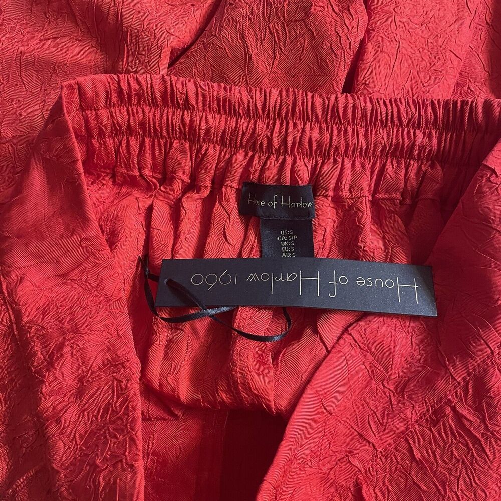 House Of Harlow 1969 Pants High Waist‎ Wide Legs Crinkled Red Size S With Pocket - Picture 4 of 10